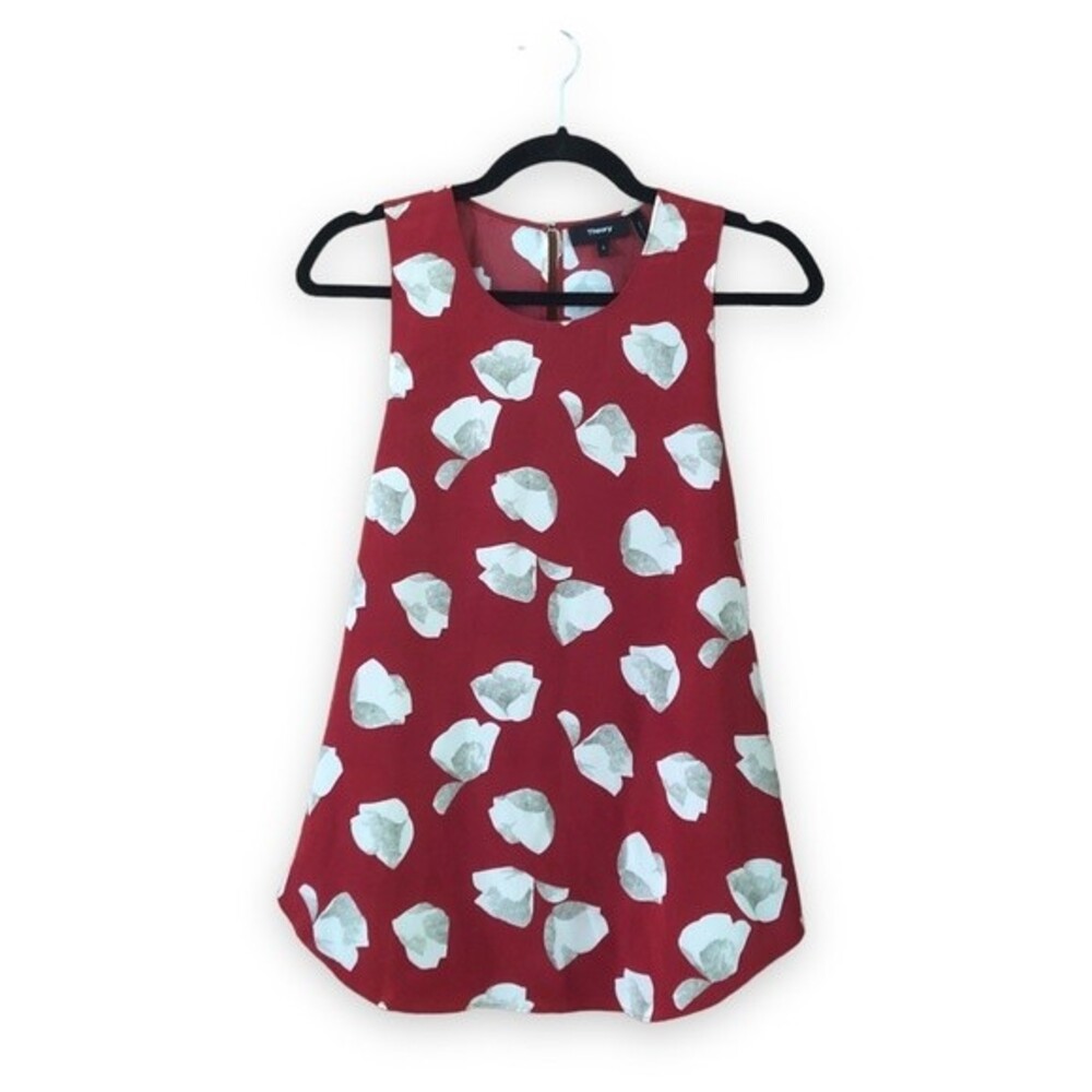 Theory Zabetha Harper Silk Print Shell Top Sleeveless Crimson Red Ivory Small